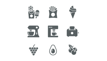 Fototapeta premium Comprehensive collection of gray household kitchen appliances and healthy food icons on a solid white background.