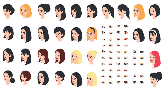 Isometric woman avatar constructor showing different hairstyles, hair colors, eyes, noses, and lips in grid.