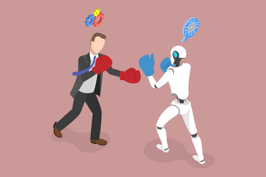 3D Isometric Flat Vector Illustration of Human Vs Robot, Human-AI Competition