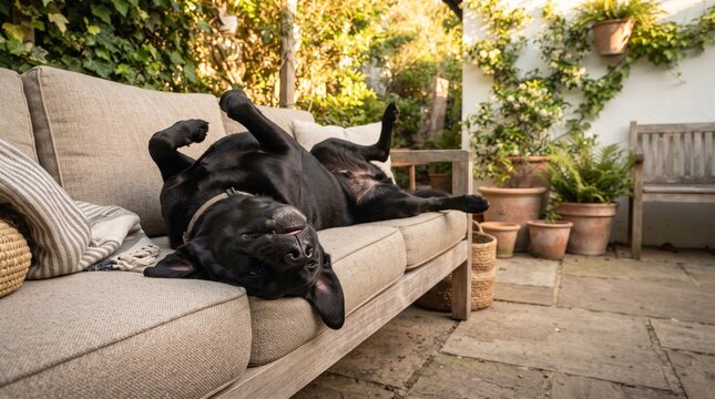 Black dog relaxes upside down on a sunny garden patio sofa