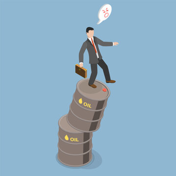 3D Isometric Flat Vector Illustration of Oil Uncertainty, Businessman Tumbling From Unsteady Tower Of Oil Drums.