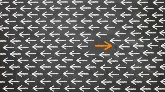 Single orange arrow pointing opposite to many white arrows