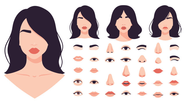 Character constructor kit of female avatar parts with different hairstyles, eyes, noses, lips, and facial features.