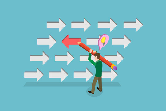 3D Isometric Flat Vector Illustration of Thinking Out Of The Box, Man Drawing Arrow, Different Concept With Innovative Ideas In Colorful Display