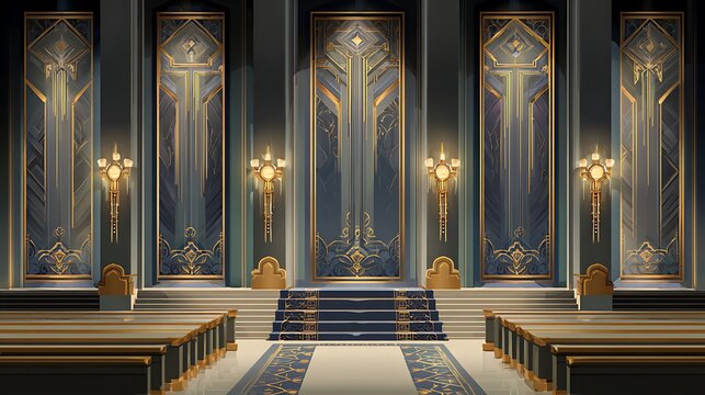 Long wooden church pews with golden candle holders and stained glass windows