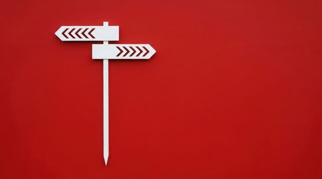 White signpost with two arrows pointing in opposite directions on red background