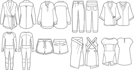 Fototapeta premium Women Fashion Flat Sketch Clothing Collection with Front and Back Technical Apparel Templates