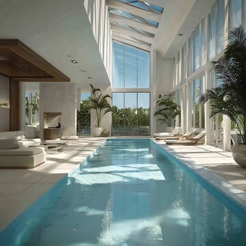 Luxury indoor swimming pool with palm trees and natural lighting