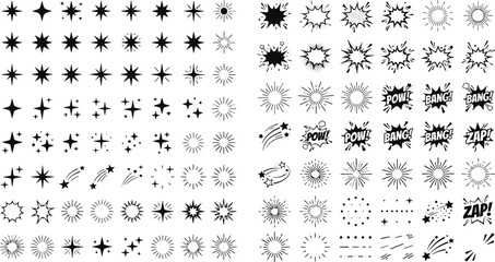 Collection of various comic style sparkle and explosion burst shapes with explosion elements abstract starburst decorative handdrawn illustration background collection explosions © Kanon Islam