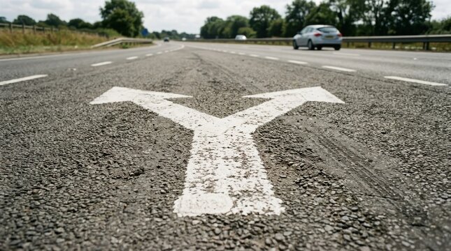 Road markings showing a fork in the road with arrows pointing left and right on asphalt
