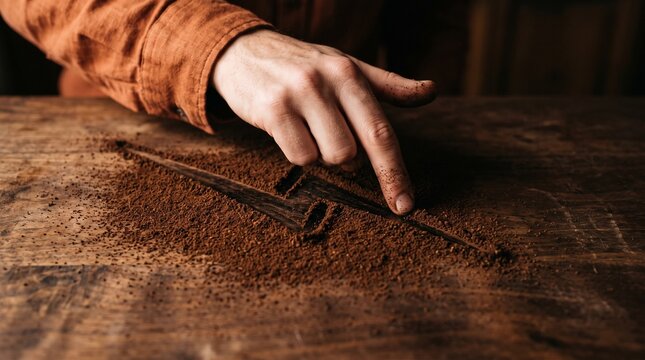Hand draws a coffee grounds lightning bolt on warm wood