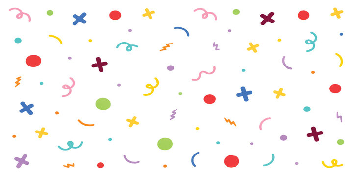Colorful confetti pattern with hand drawn shapes dots and squiggles