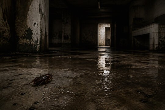 A dark, damp interior hallway with a cockroach on the wet floor.