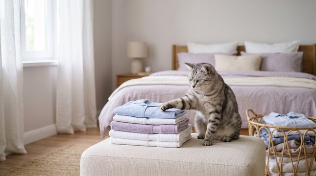 Tabby cat reaching for folded linens on bedroom ottoman