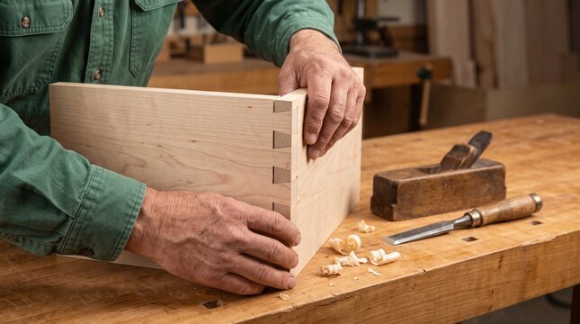 Woodworker Seating Dovetail Joinery in Maple Cabinet