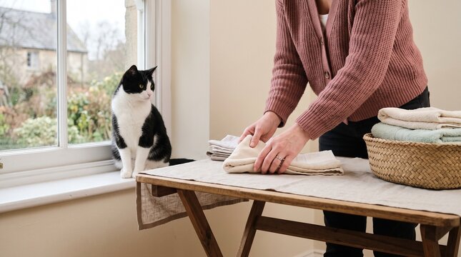 Cat watches as pet owner folds clean towels by the window