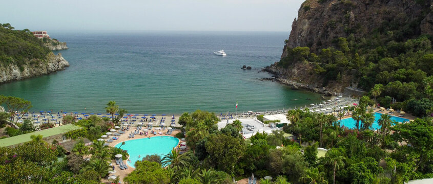 Drone aerial view of Negombo thermal beach and sea in Ischia