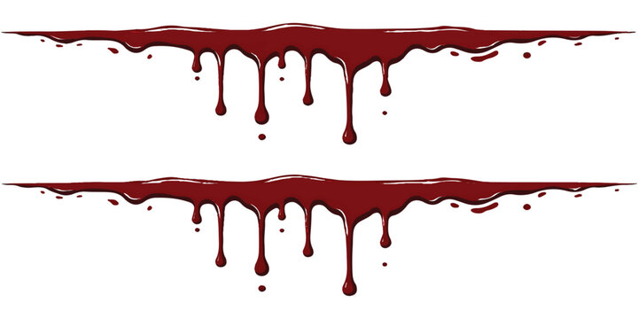 Red blood drips and liquid drops flowing down in horizontal lines