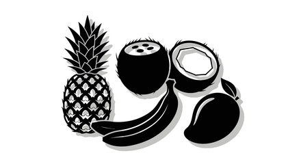 Black and white illustration of tropical fruit with illustration pineapple coconut coconut banana nutrition healthy graphic eating design with symbol © Pabitra