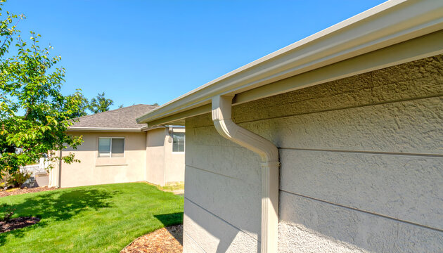Close-up of a beige gutter system on a house exterior with blue sky.