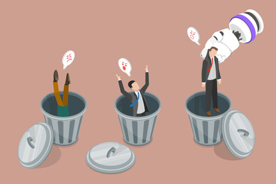 3D Isometric Flat Vector Illustration of Human Jobs Displacement, Robot Tossing Businessmen In Trash Bin