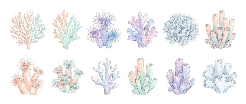 Watercolor Coral Reef Elements Set: Pastel Marine Life Clipart on Black Background Featuring Sea Sponges, Polyps, and Underwater Anemone Illustrations for Nautical Design, Prints, and Summer Decor