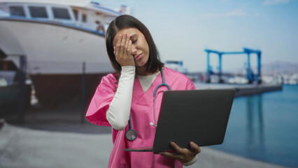 Fototapeta premium Young woman nurse in pink scrubs with stethoscope holds laptop, hand to forehead in studio near marina backdrop; work stress frustration.