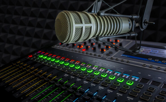 Professional microphone and sound mixer in studio
