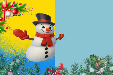 3D snowman holding a blank banner, looking at the camera. Christmas greeting card template. Winter holiday background with gold confetti.