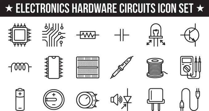 Electronics hardware and electrical circuit components icon set featuring linear symbols for engineering and technical design projects
