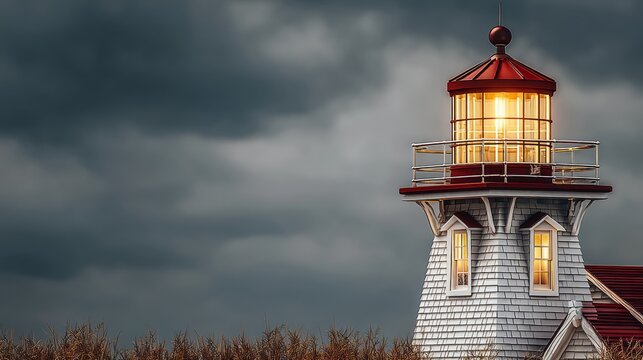 Historic lighthouse with glowing lantern under dramatic cloudy sky at dusk