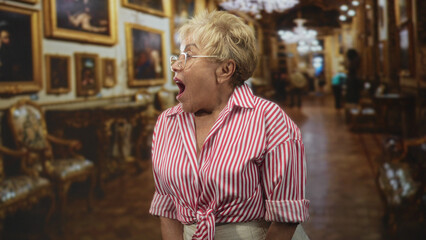 Obraz premium Woman mouth open gasps and turns head in ornate museum building lined with framed paintings, chandeliers and antique chairs; surprise curiosity.