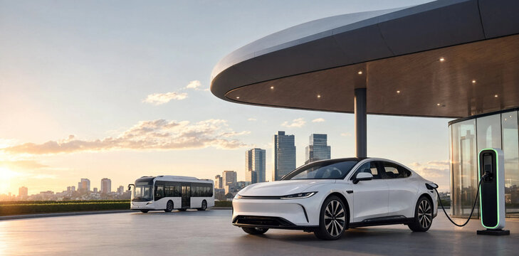 Modern electric vehicle charging at a futuristic station in city environment at sunset with electric charging sustainable technology transportation environment mobility infrastructure