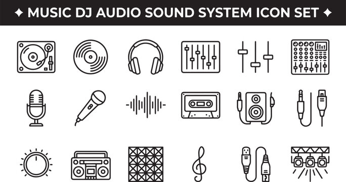 Music DJ audio sound system icon set featuring recording equipment and broadcast tools in linear vector style