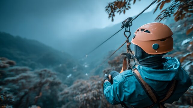 Person Wearing Helmet and Safety Gear Preparing for Zip Line Adventure in Forest