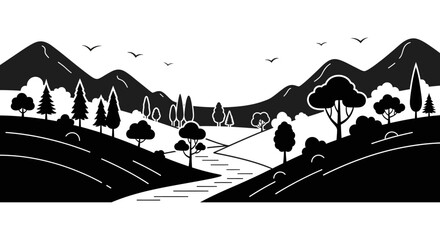 Obraz premium Mountain landscape with trees and river black silhouette