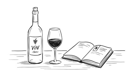 Obraz premium A sketch of a bottle of red wine with a glass and an open book resting on a wooden table for a cozy evening mood