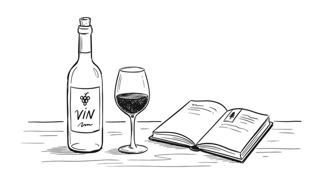A sketch of a bottle of red wine with a glass and an open book resting on a wooden table for a cozy evening mood