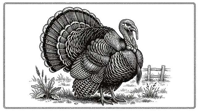 Vintage style hand drawn illustration of a large male turkey bird standing in a farm field with grass and fence