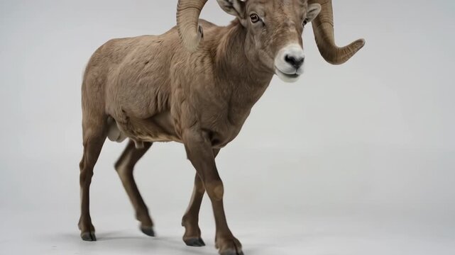 Bighorn Ram Portrait: A majestic bighorn ram, a symbol of resilience, stands proudly with its iconic curved horns, its powerful gaze fixed forward. Captured in a studio setting.