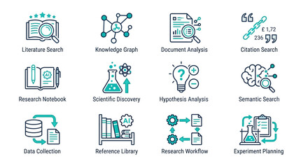 Fototapeta premium Collection of Science and Research Icons with Labels.