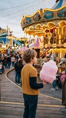 Obraz premium Young boy holding pink cotton candy at amusement park with carousel in background
