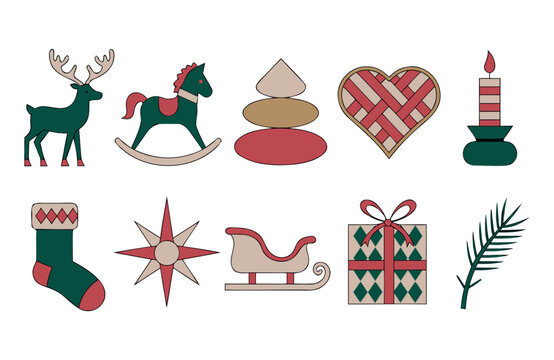 Christmas decorative icon set with festive reindeer sleigh and seasonal elements, christmas