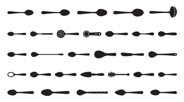Spoon silhouette collection, set of 35 kitchen utensil icons. Black cutlery and silverware shapes. Cooking tools and dining equipment vector elements.