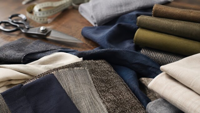 Tailor workbench featuring folded fabric swatches stacked textile rolls vintage scissors and tape measure for sewing