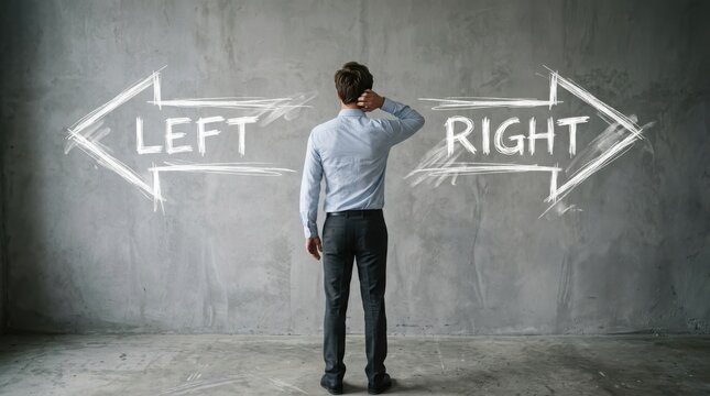 Confused man standing in front of a wall with arrows pointing to left and right