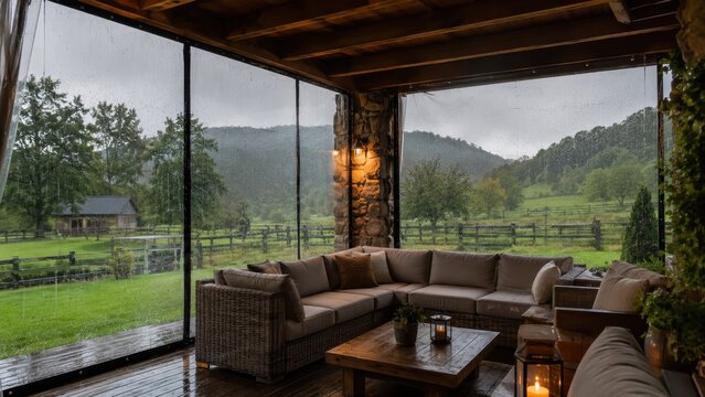 Cozy rustic terrace with panoramic glass windows overlooking green rainy countryside hills and valley landscape