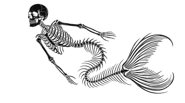 Illustration of a spooky mermaid skeleton swimming with a fish tail bone structure in a dark and mysterious style