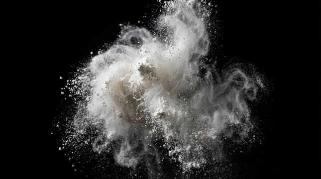 Dynamic explosion of fine white flour suspended in mid-air capturing a cinematic frozen motion baking moment