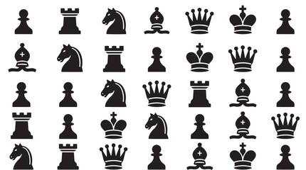 Chess piece icon set with 35 black silhouettes, classic board game elements vector, strategic king queen and knight symbols for business competition © khadija